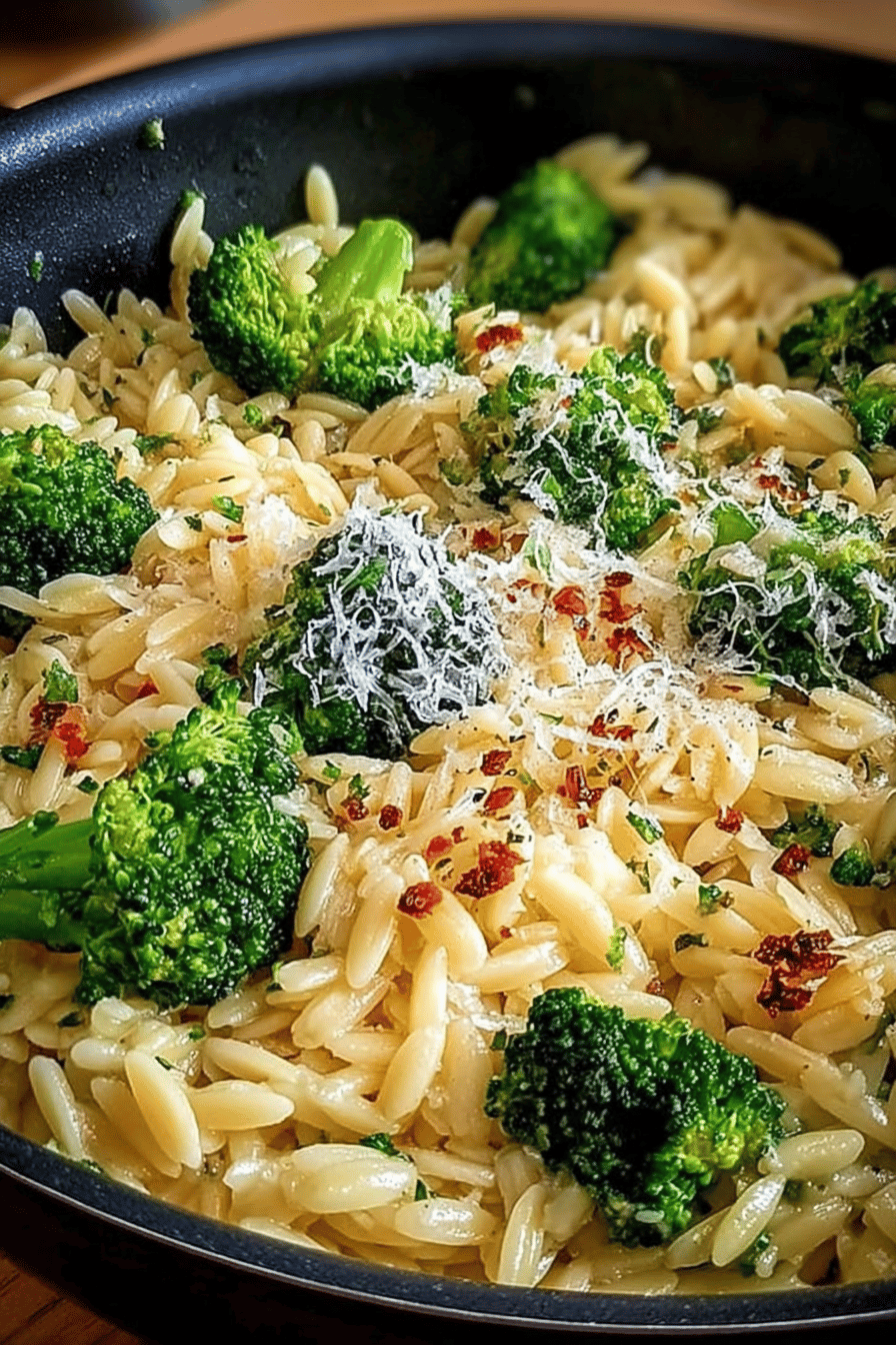 Creamy Orzo with Parmesan and Broccoli Recipe final dish beautifully presented and ready to serve