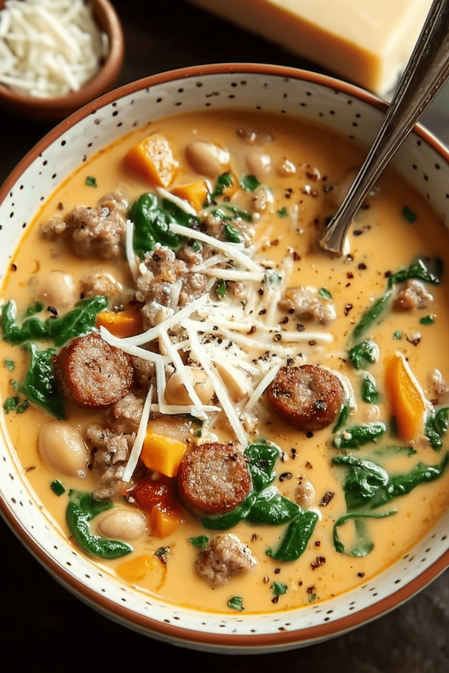 Creamy Parmesan Italian Sausage Soup Recipe ingredients organized and measured on kitchen counter