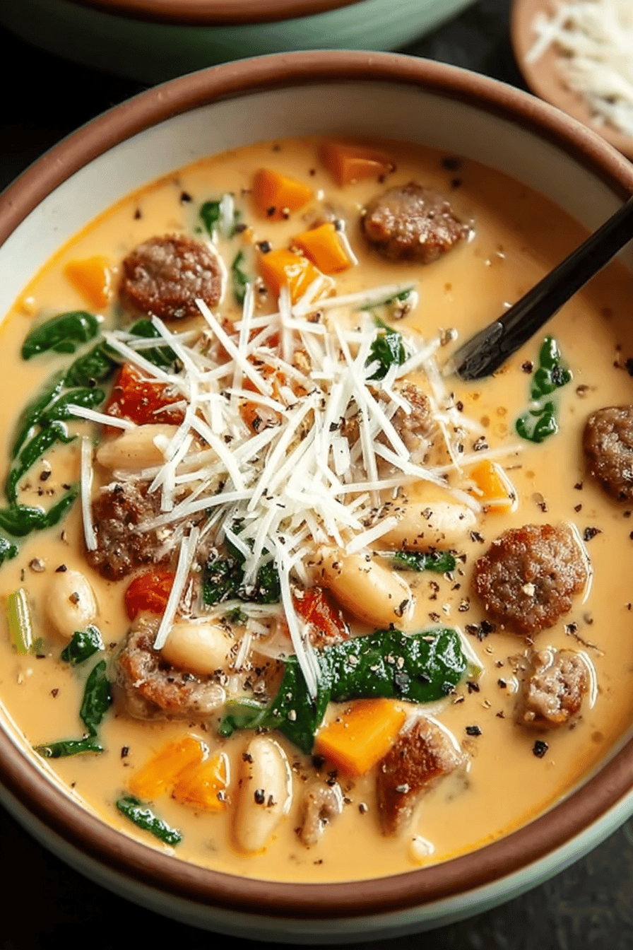 Creamy Parmesan Italian Sausage Soup Recipe final dish beautifully presented and ready to serve