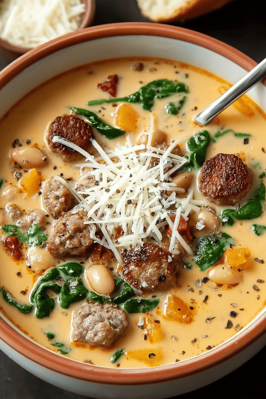 Creamy Parmesan Italian Sausage Soup Recipe slice on plate showing perfect texture and swirl pattern