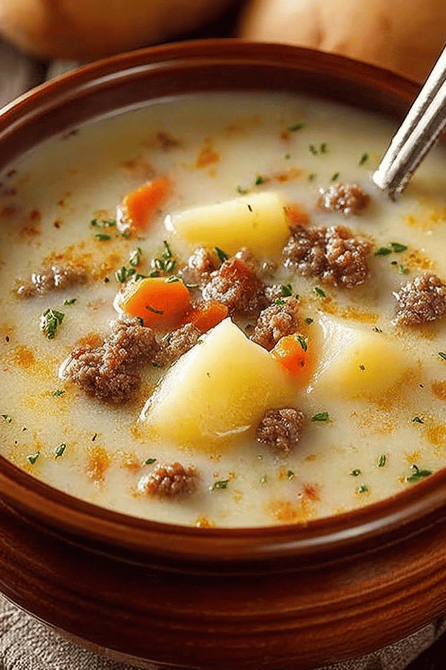 Creamy Potato and Hamburger Soup Recipe: A Crockpot Delight slice on plate showing perfect texture and swirl pattern