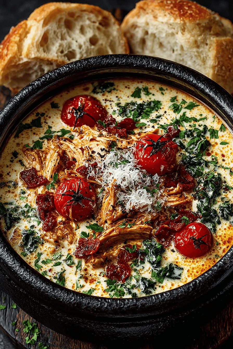 Crock Pot Creamy Chicken Parmesan Soup Recipe final dish beautifully presented and ready to serve