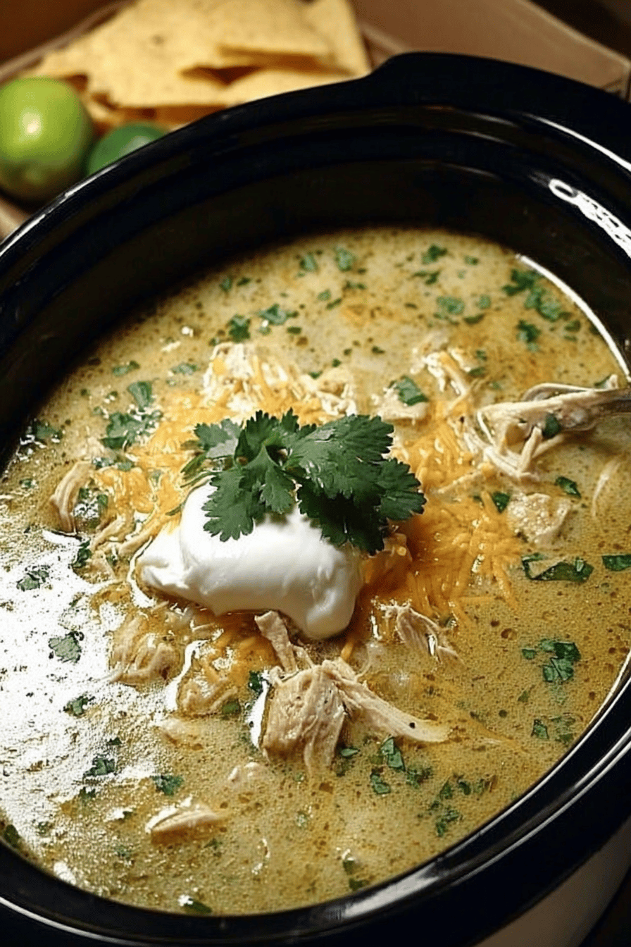Crock-Pot Green Enchilada Chicken Soup Recipe slice on plate showing perfect texture and swirl pattern