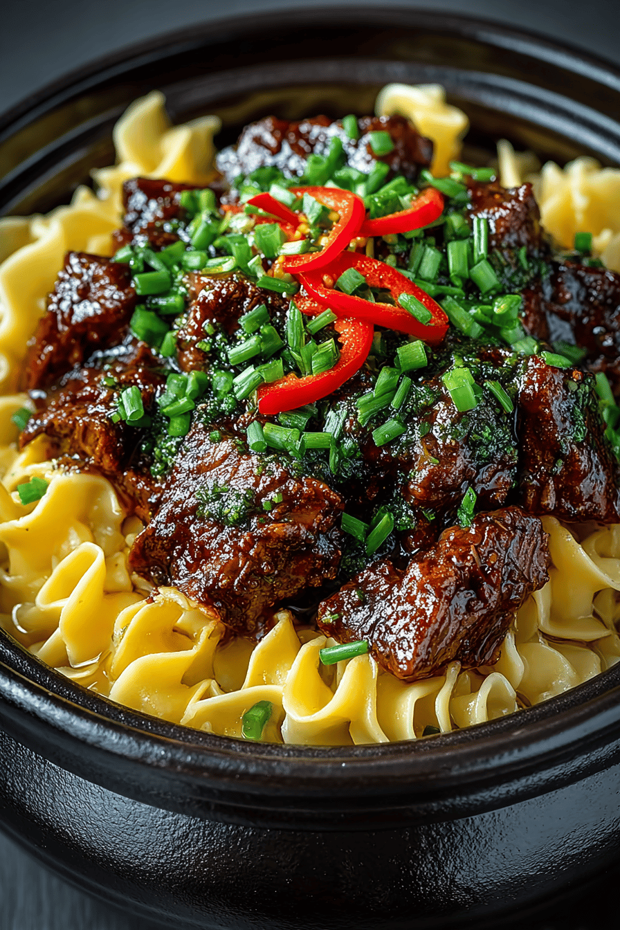 Crockpot Beef Tips with Noodles Recipe final dish beautifully presented and ready to serve