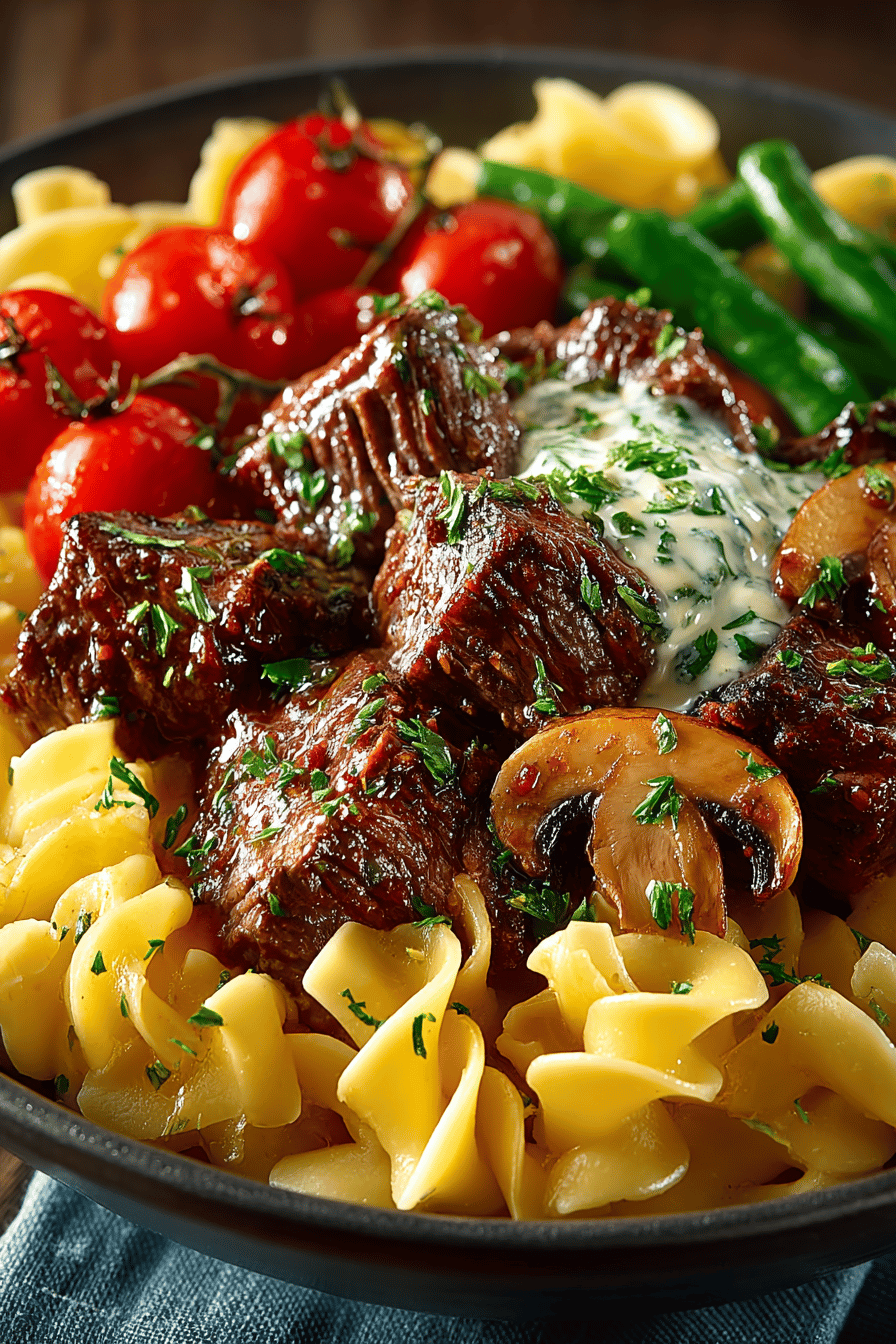 Crockpot Beef Tips with Noodles Recipe slice on plate showing perfect texture and swirl pattern