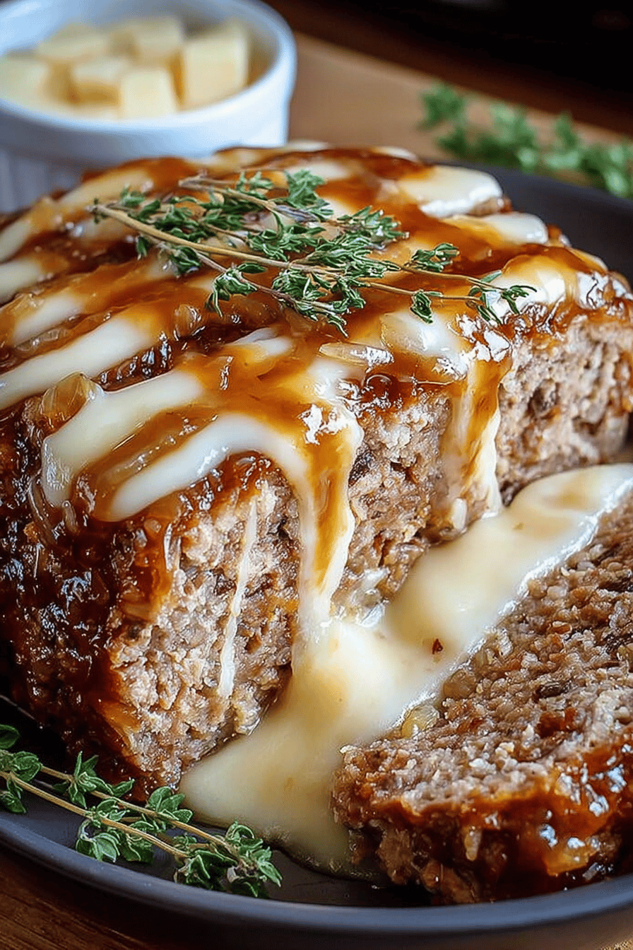 Crockpot French Onion Meatloaf Topped with Melted Swiss Cheese Recipe