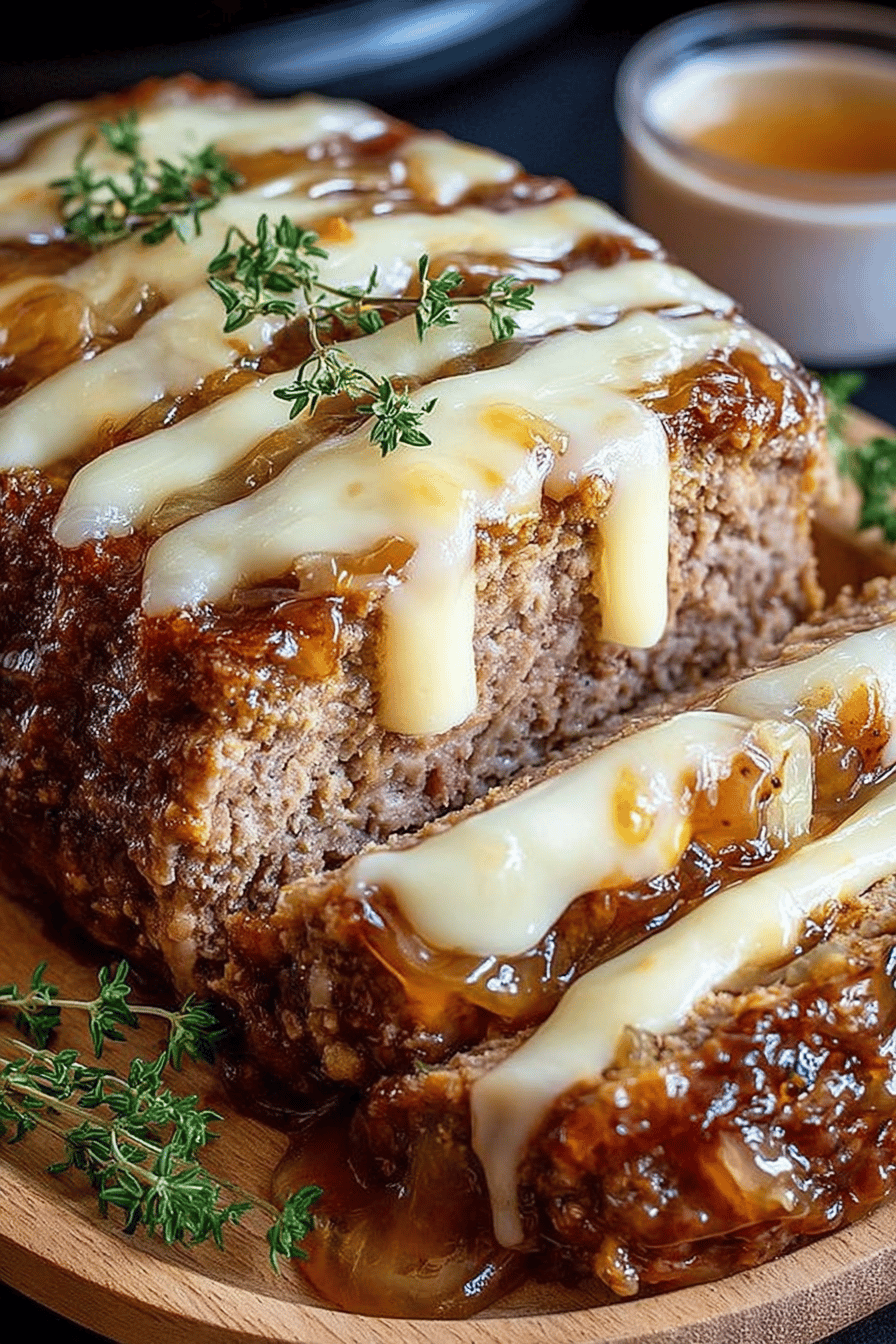Crockpot French Onion Meatloaf Topped with Melted Swiss Cheese Recipe ingredients organized and measured on kitchen counter