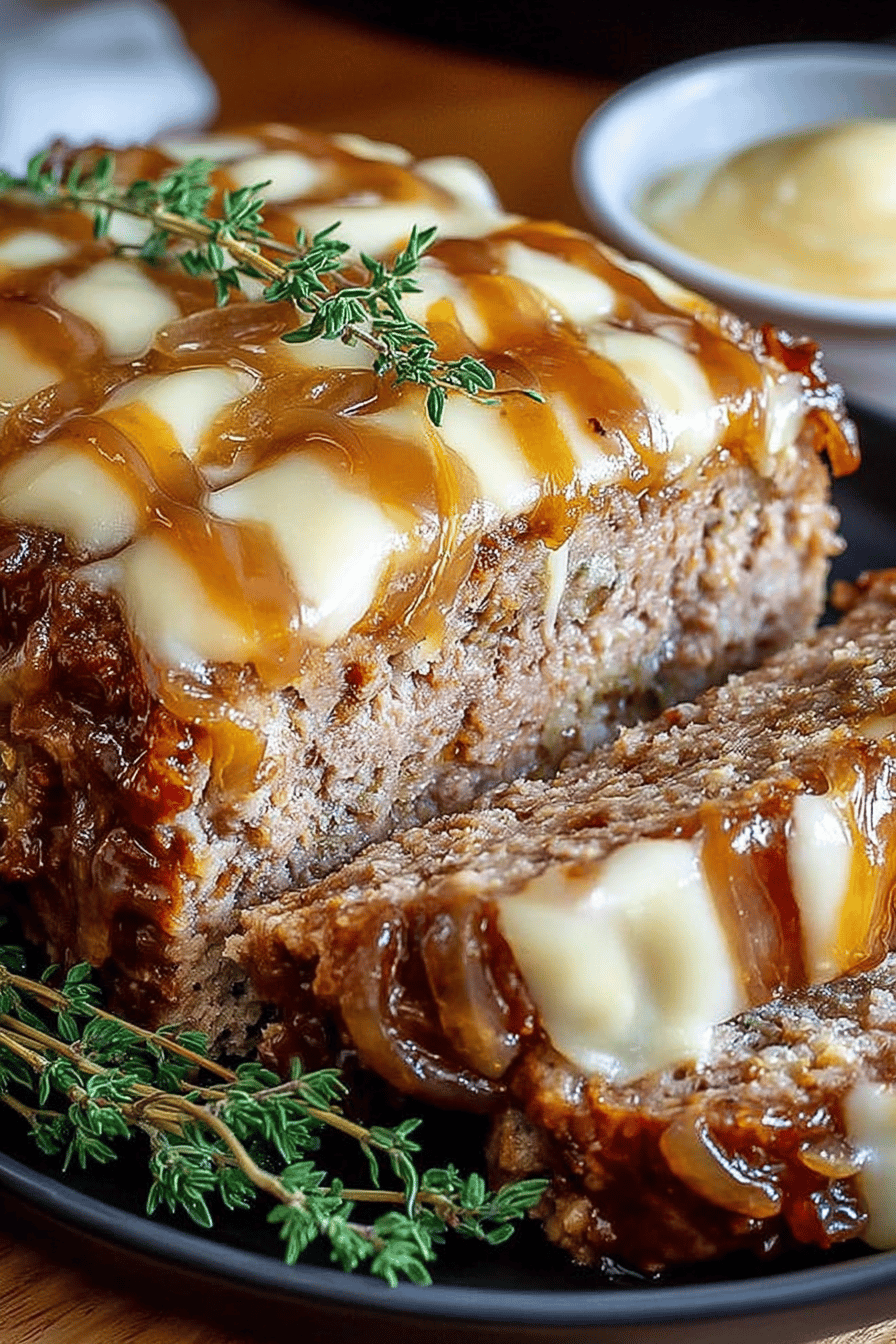 Crockpot French Onion Meatloaf Topped with Melted Swiss Cheese Recipe final dish beautifully presented and ready to serve