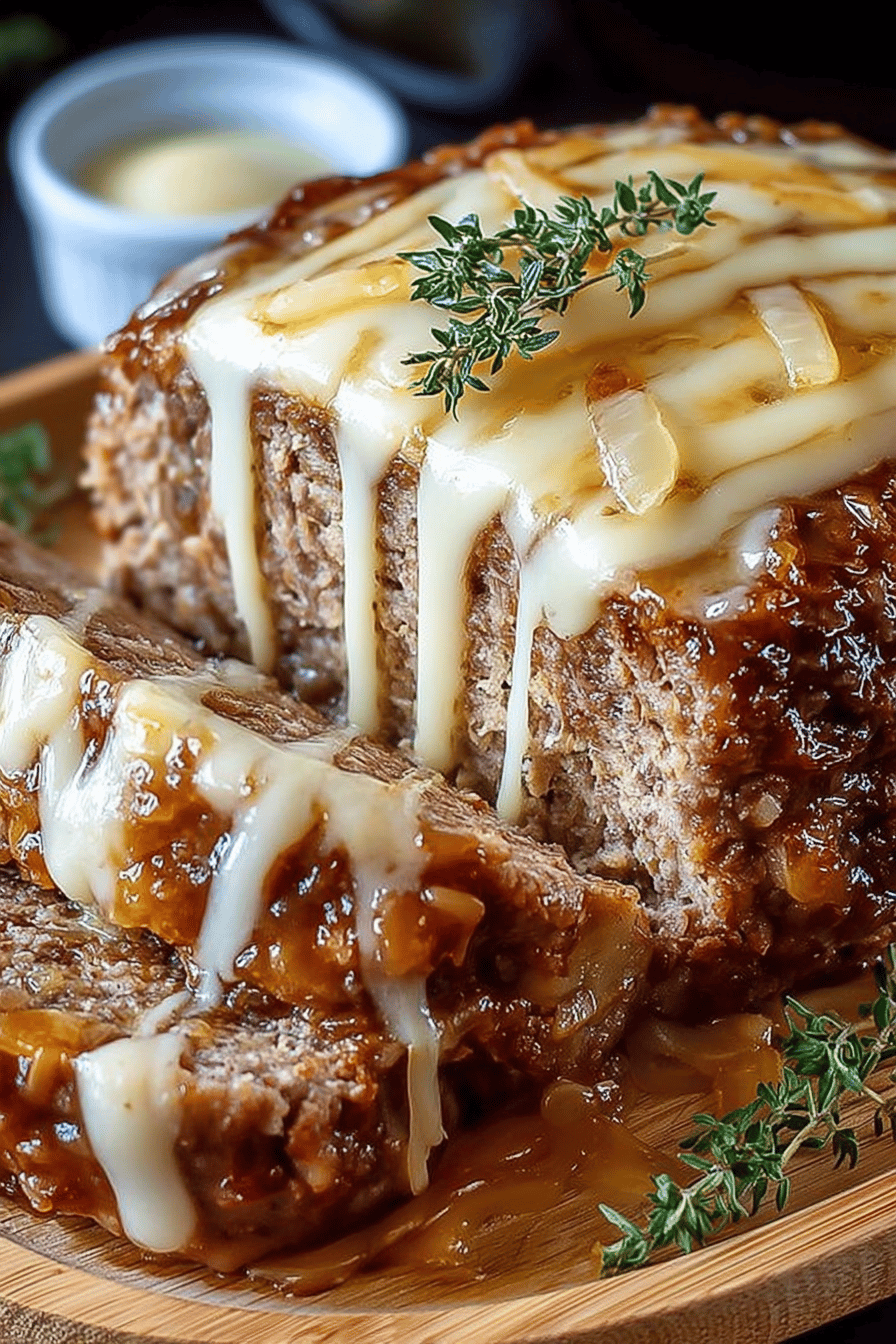 Crockpot French Onion Meatloaf Topped with Melted Swiss Cheese Recipe slice on plate showing perfect texture and swirl pattern