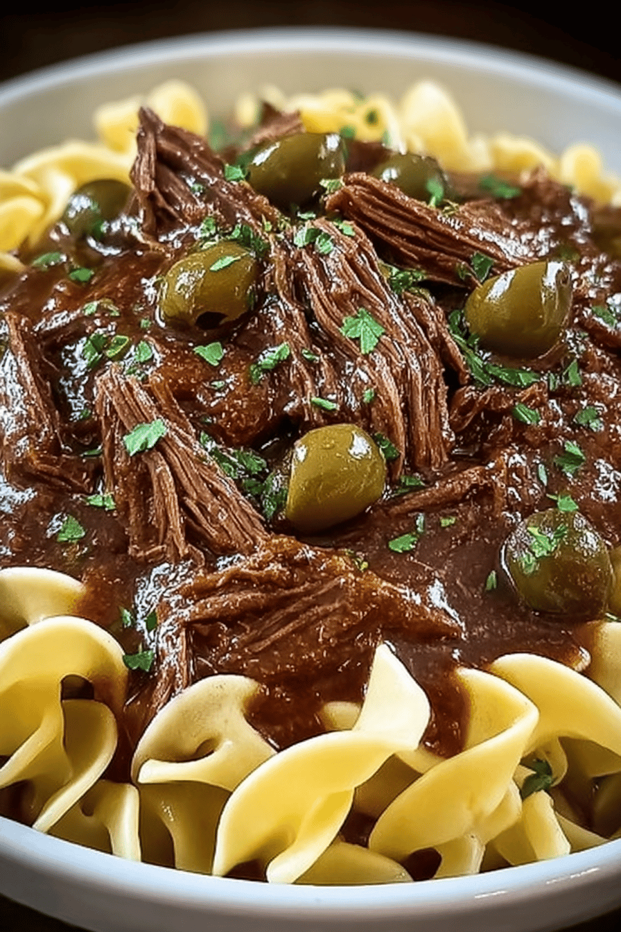 Crockpot Mississippi Beef and Noodles Recipe final dish beautifully presented and ready to serve
