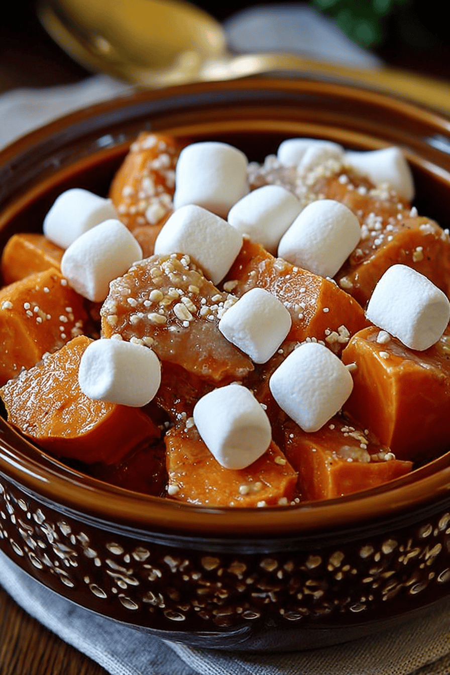 Crockpot Sweet Potatoes with Marshmallows Recipe final dish beautifully presented and ready to serve