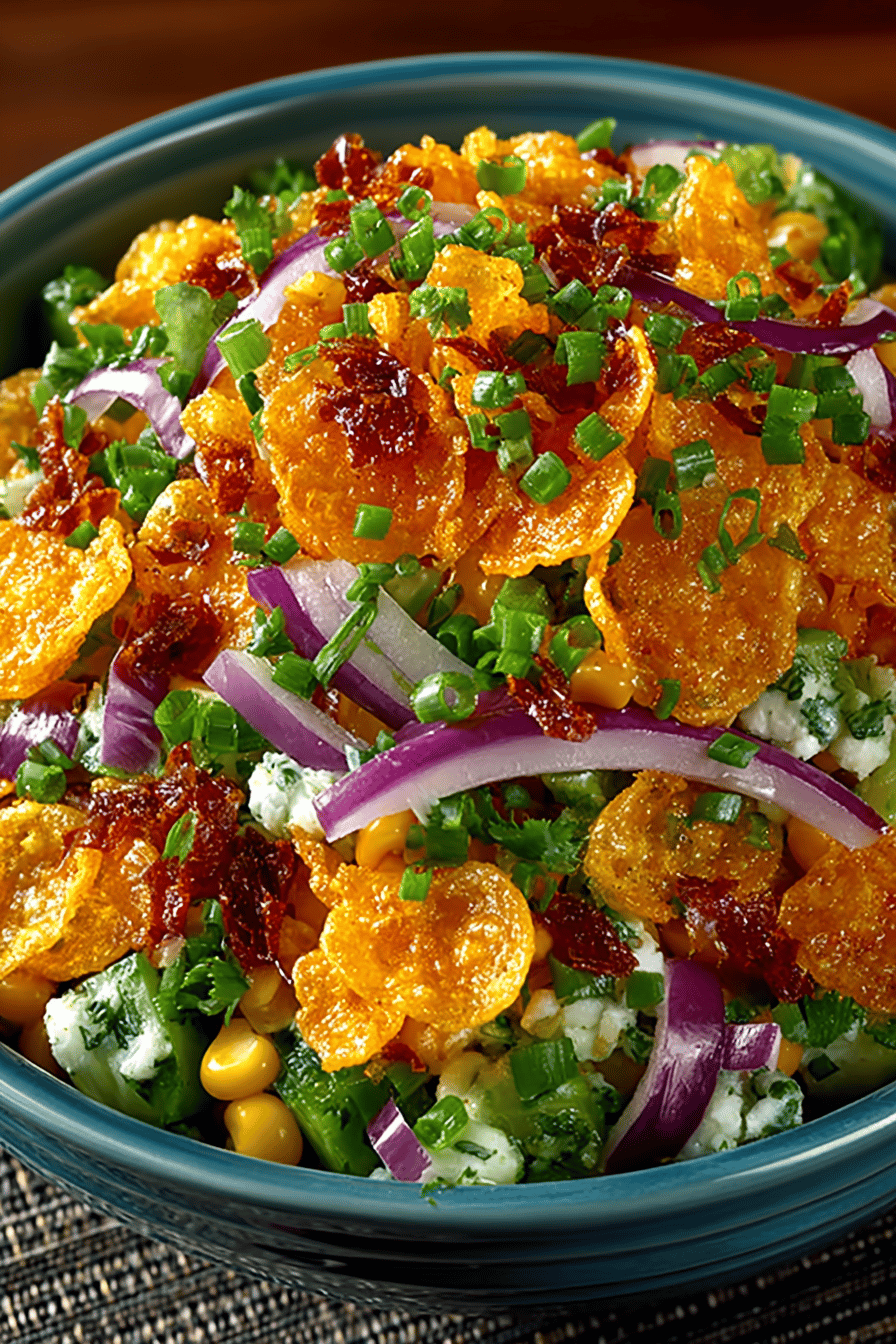 Crunchy Frito Corn Salad Recipe slice on plate showing perfect texture and swirl pattern