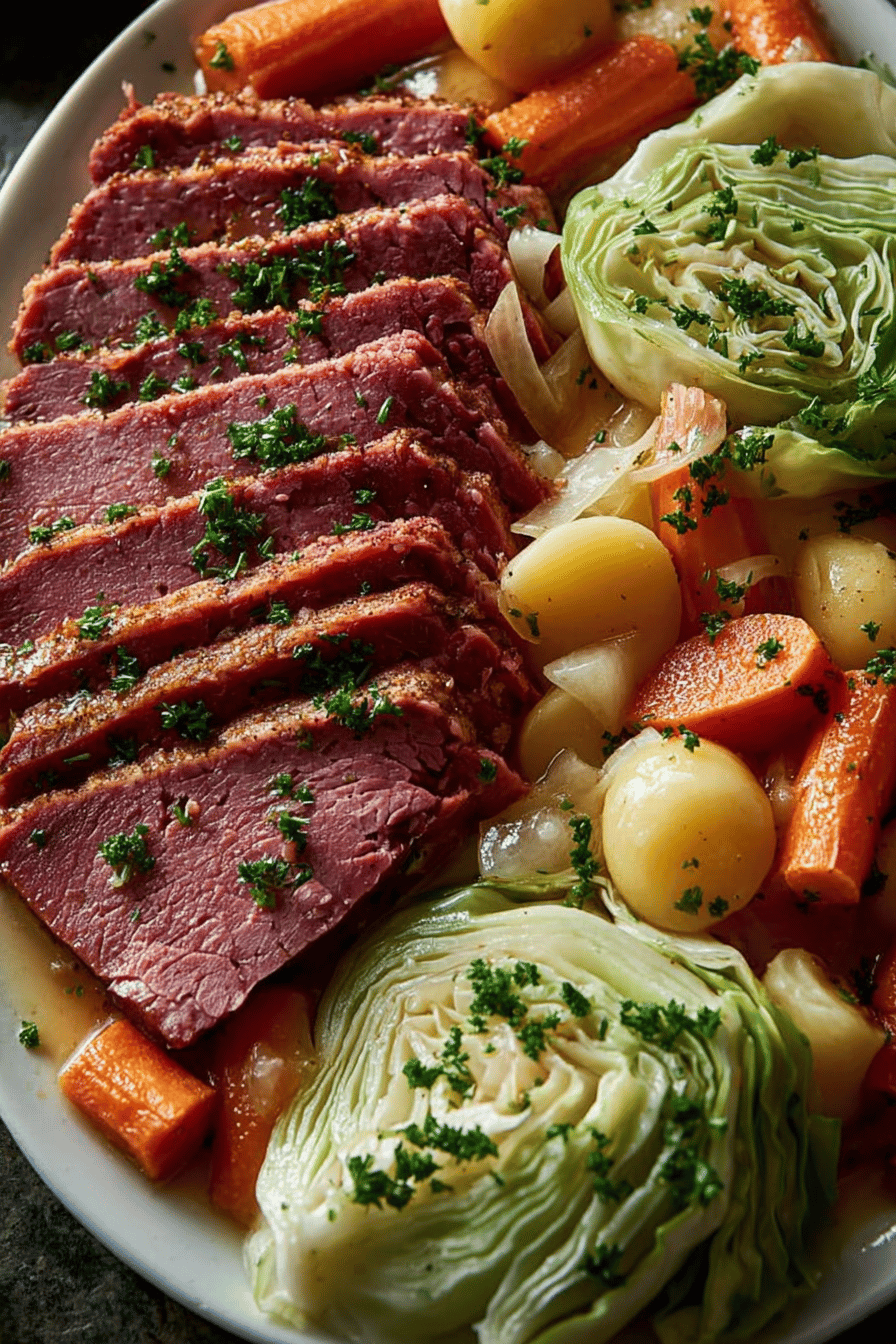 Easy Instant Pot Corned Beef and Cabbage Recipe slice on plate showing perfect texture and swirl pattern