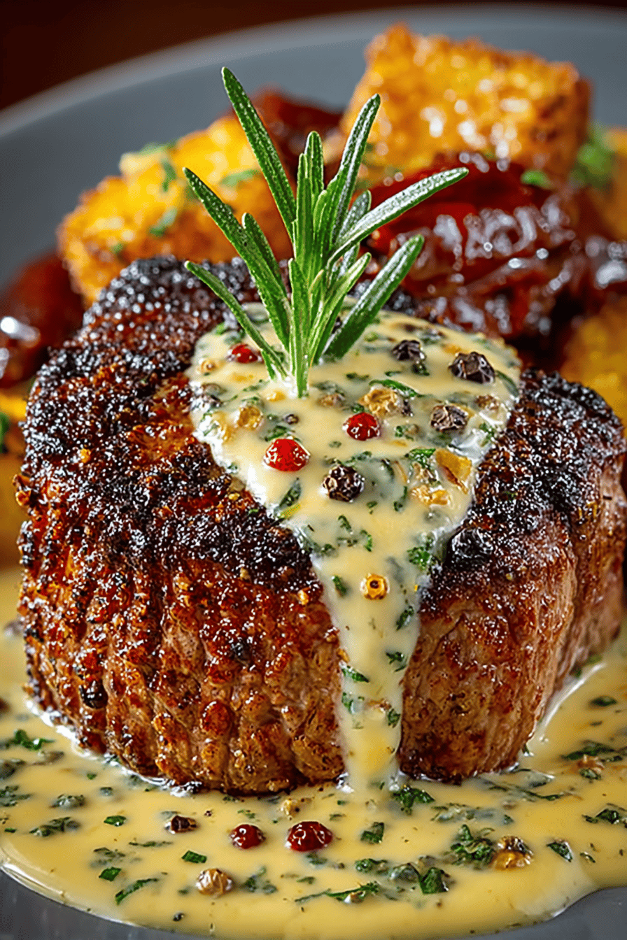 Exquisite Seared Filet Mignon with Shallot Peppercorn Cream Sauce Recipe slice on plate showing perfect texture and swirl pattern