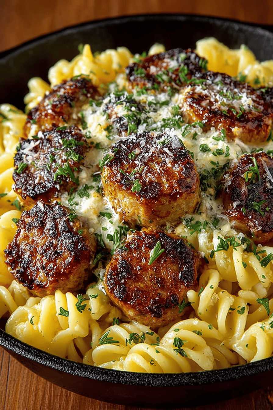 Garlic Butter Sausage Bites Paired with Creamy Parmesan Pasta Recipe