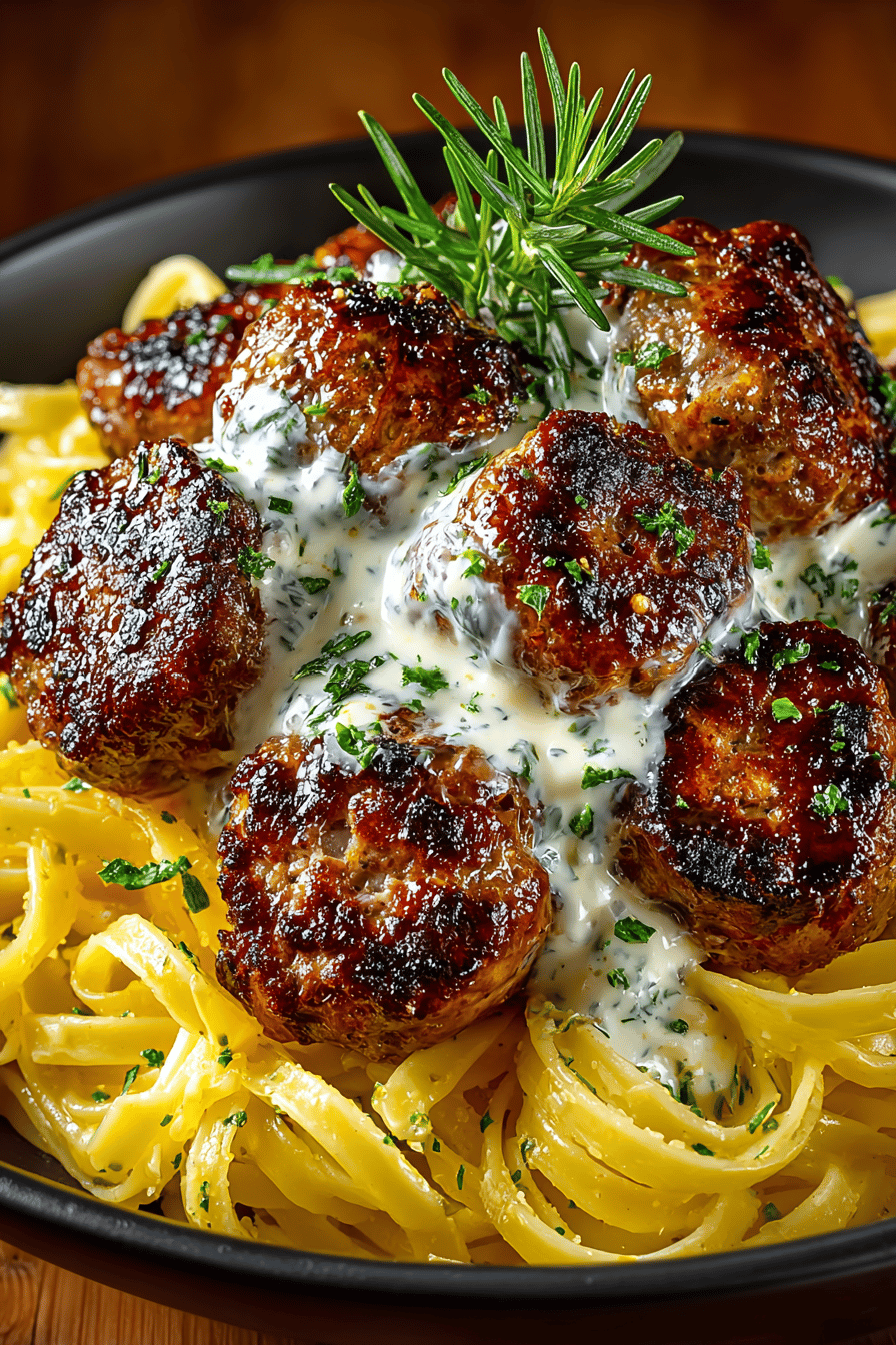 Garlic Butter Sausage Bites Paired with Creamy Parmesan Pasta Recipe ingredients organized and measured on kitchen counter