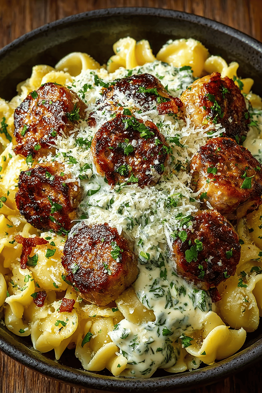 Garlic Butter Sausage Bites Paired with Creamy Parmesan Pasta Recipe final dish beautifully presented and ready to serve