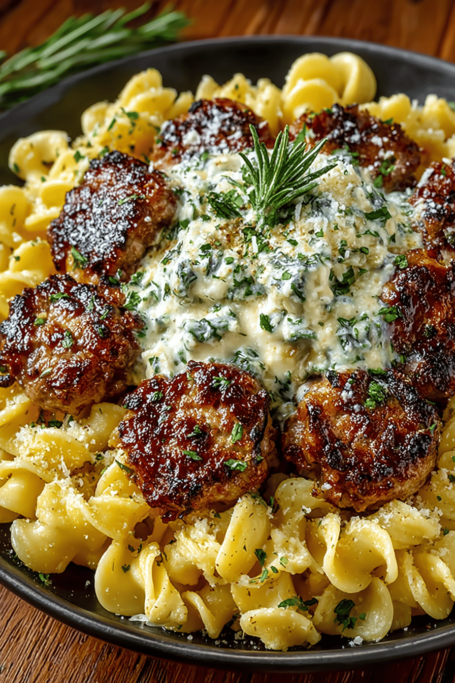 Garlic Butter Sausage Bites Paired with Creamy Parmesan Pasta Recipe slice on plate showing perfect texture and swirl pattern