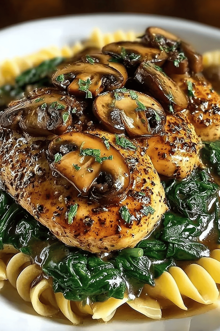 Garlic Mushroom Chicken and Spinach Savory Recipe ingredients organized and measured on kitchen counter