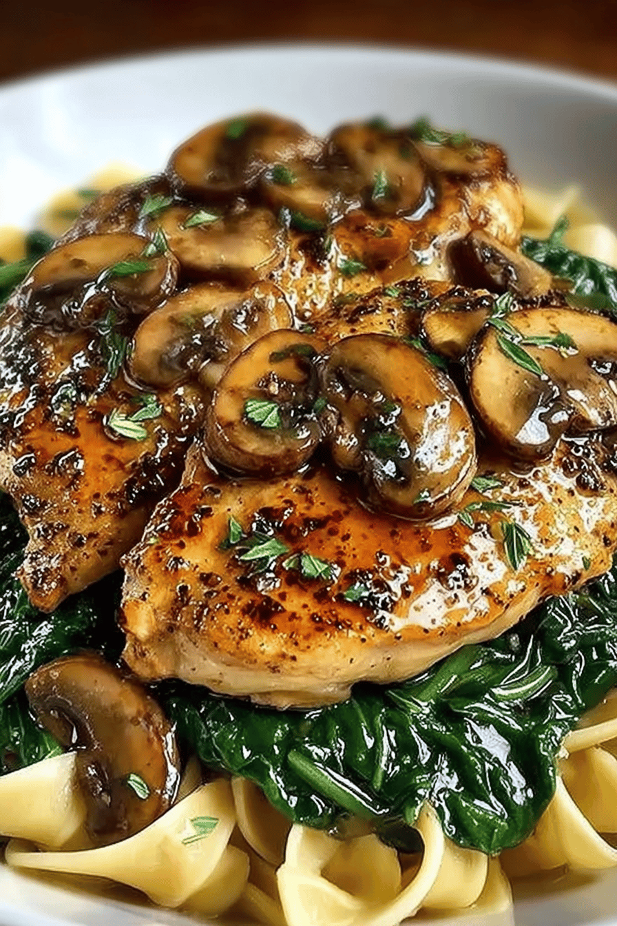 Garlic Mushroom Chicken and Spinach Savory Recipe final dish beautifully presented and ready to serve