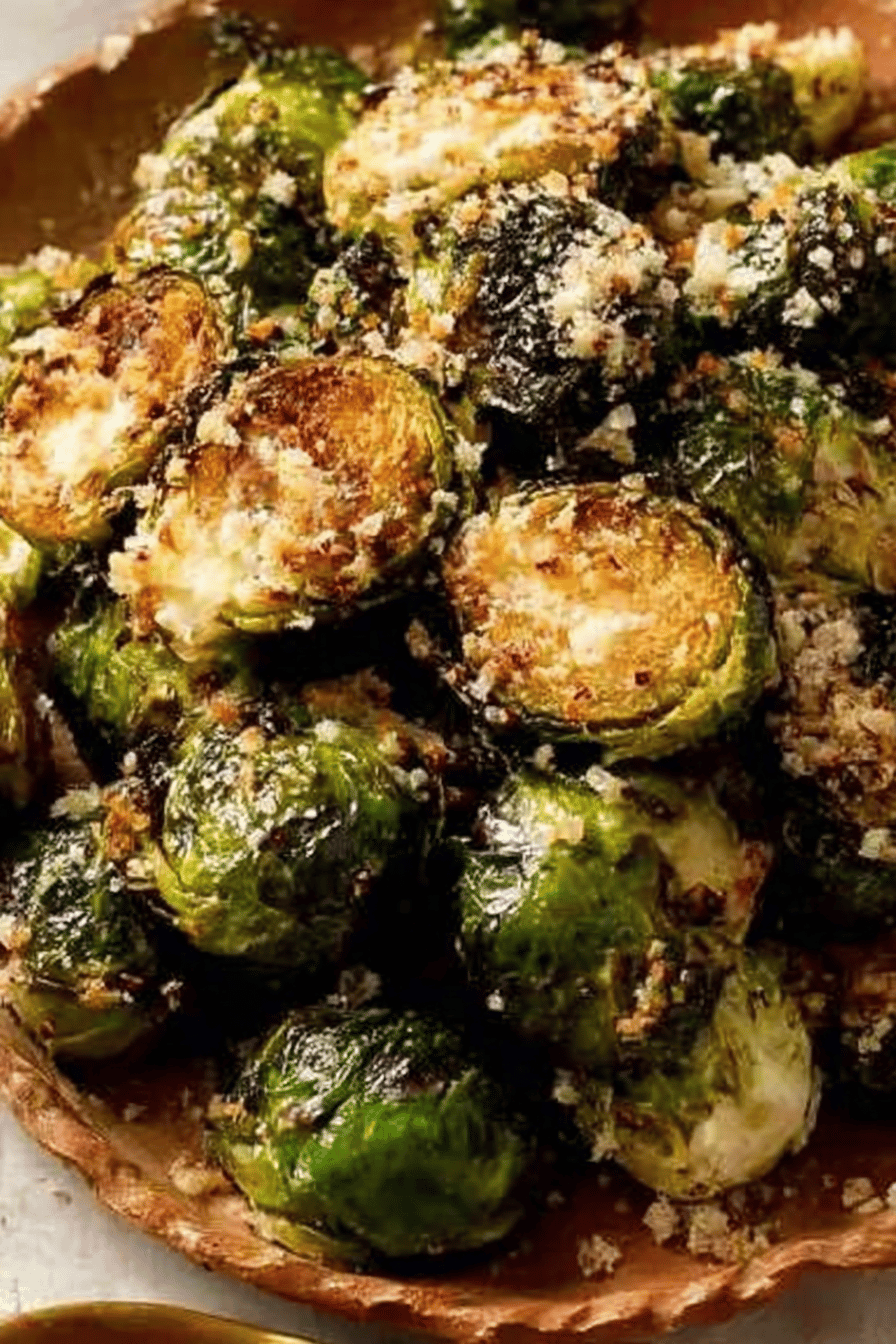 Garlic Parmesan Roasted Brussels Sprouts Recipe slice on plate showing perfect texture and swirl pattern