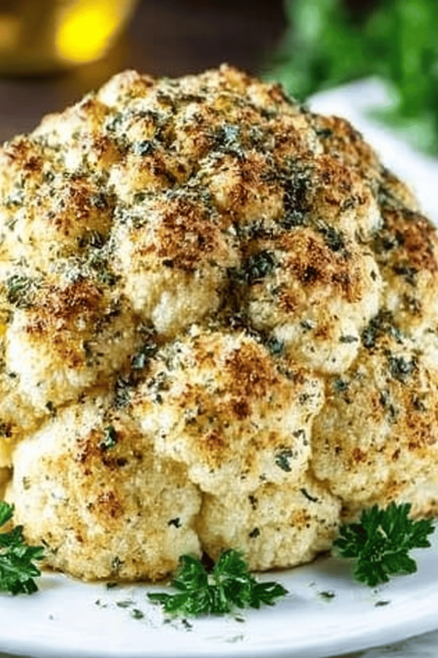 Garlic and Herb Whole Roasted Cauliflower Recipe final dish beautifully presented and ready to serve