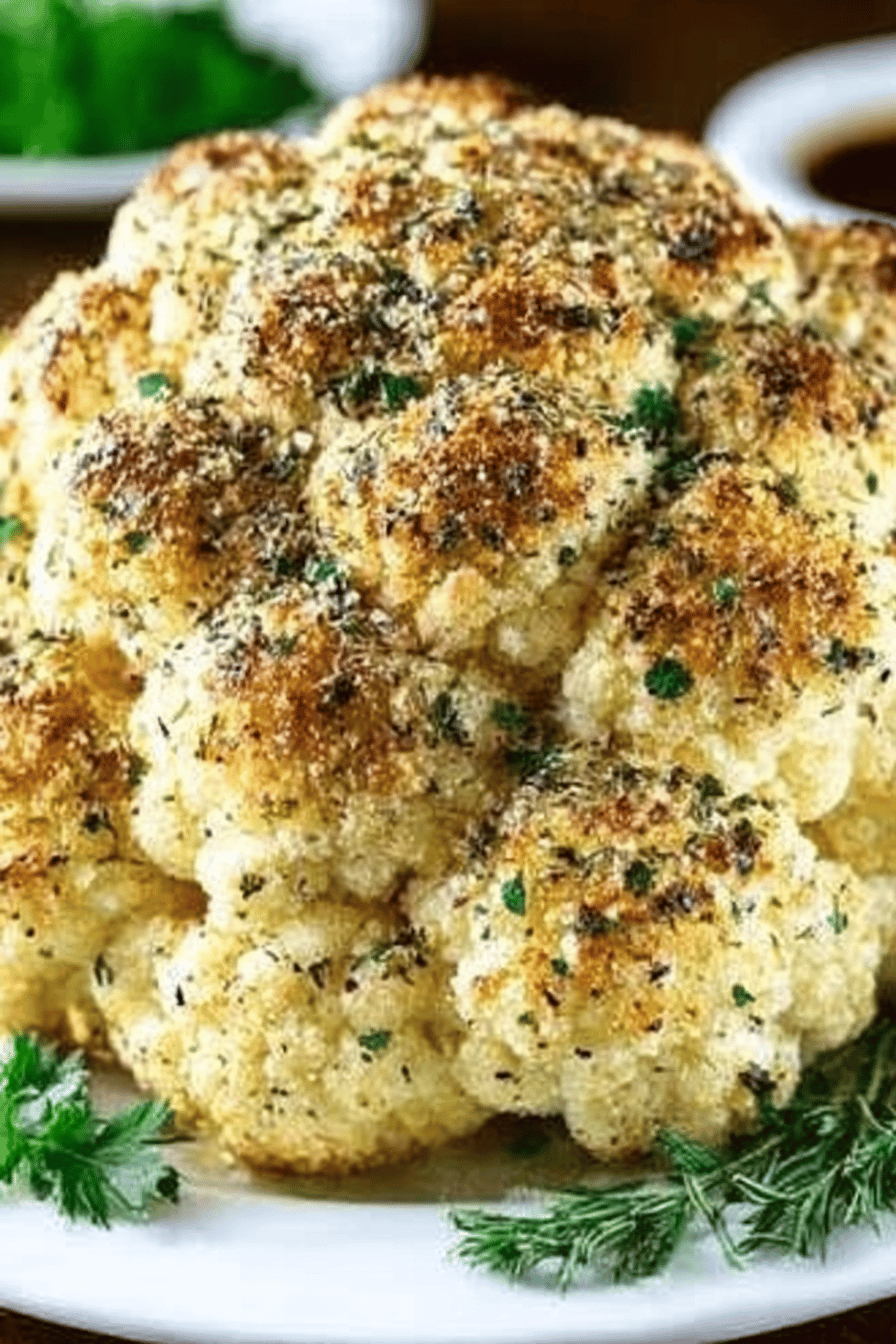 Garlic and Herb Whole Roasted Cauliflower Recipe slice on plate showing perfect texture and swirl pattern
