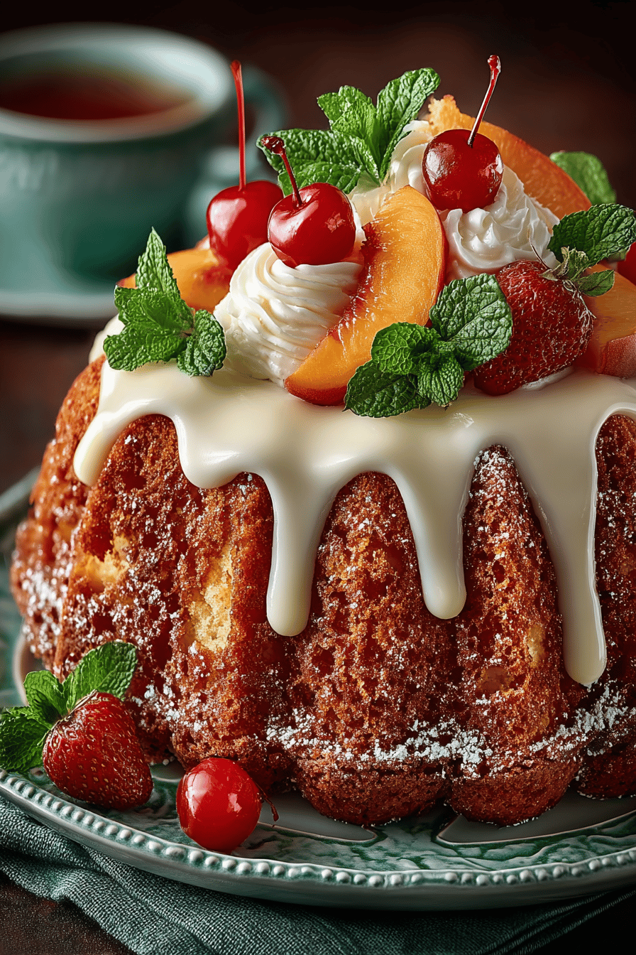 Georgia Peach Pound Cake Recipe slice on plate showing perfect texture and swirl pattern