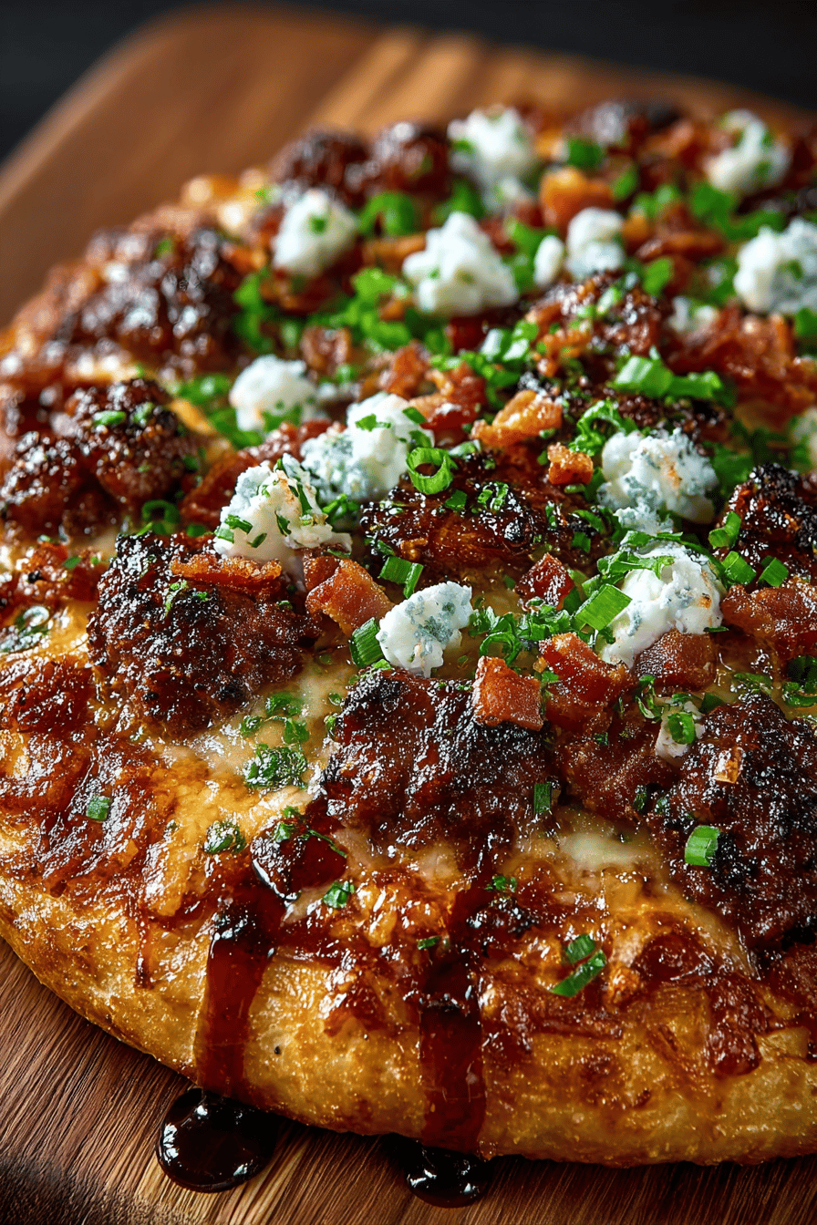 Giant Burger Pizza Topped with Succulent Meat, Melted Cheese, and Crispy Bacon Slices final dish beautifully presented and ready to serve