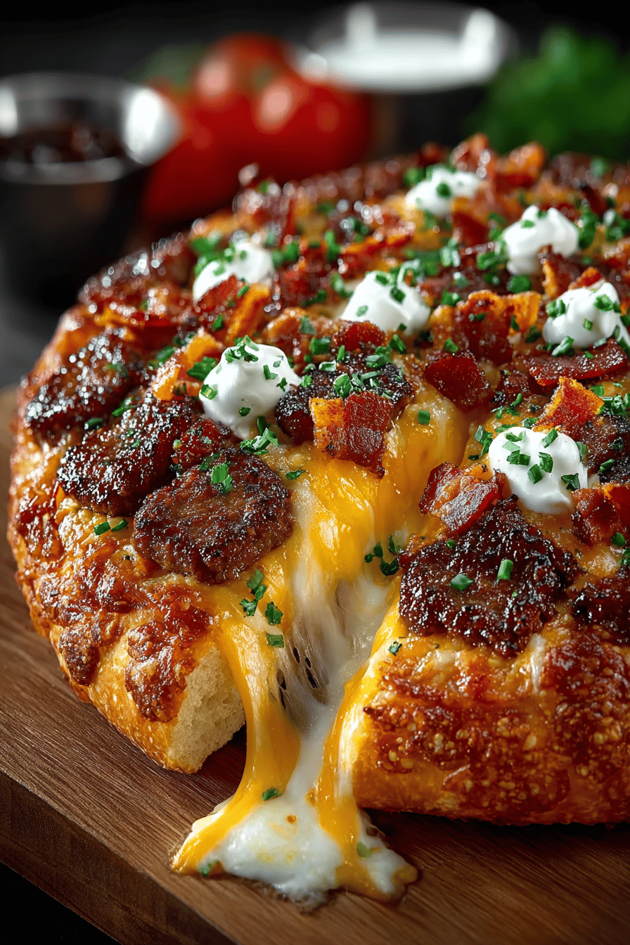 Giant Burger Pizza Topped with Succulent Meat, Melted Cheese, and Crispy Bacon Slices slice on plate showing perfect texture and swirl pattern