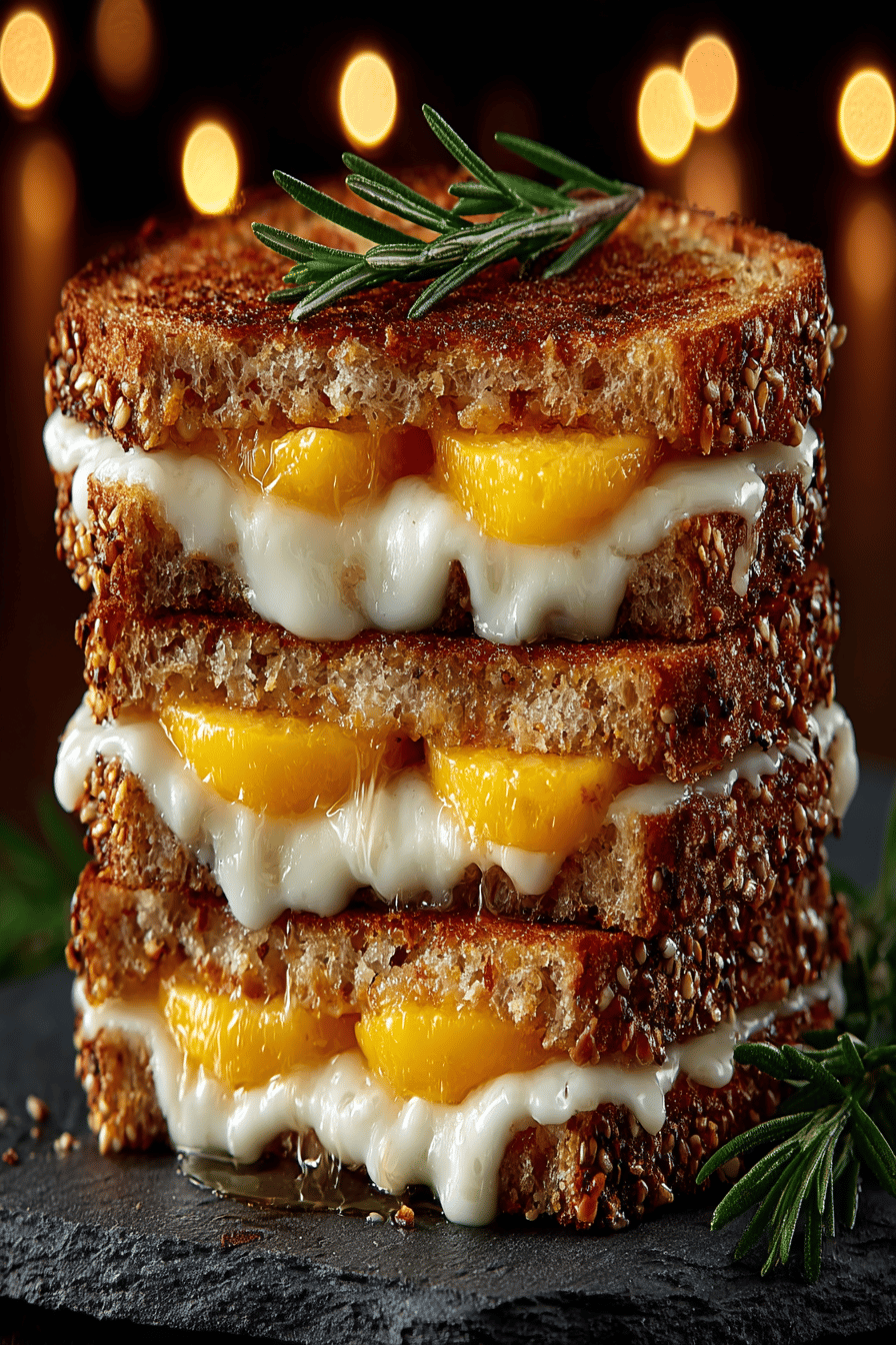 Honey Peach and White Cheddar Grilled Cheese Recipe slice on plate showing perfect texture and swirl pattern