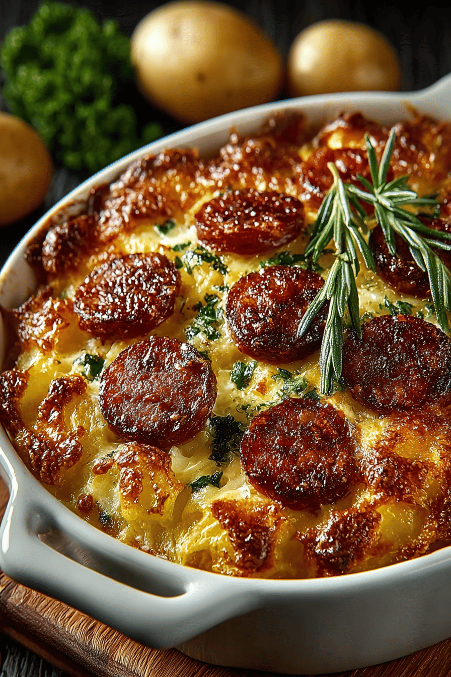 Kielbasa Sausage and Cheesy Potato Casserole Recipe final dish beautifully presented and ready to serve