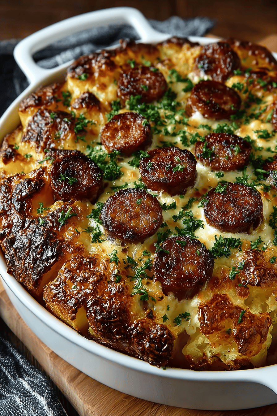 Kielbasa Sausage and Cheesy Potato Casserole Recipe slice on plate showing perfect texture and swirl pattern