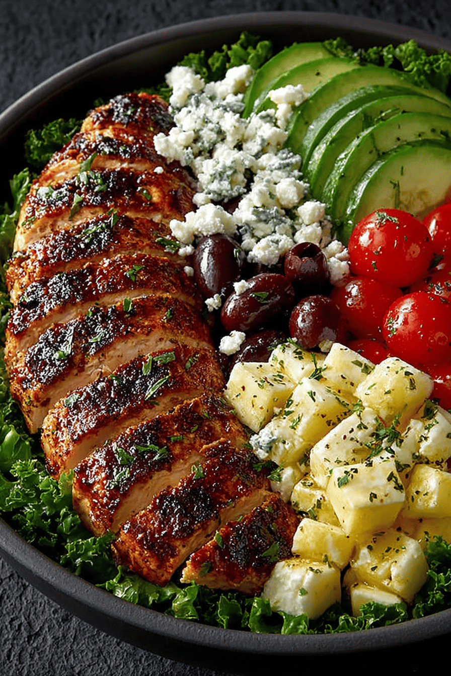 Loaded Greek Chicken Avocado Salad Recipe A Flavorful Chicken and Avocado Salad Recipe A Flavorful Chicken and Avocado Salad Combination ingredients organized and measured on kitchen counter