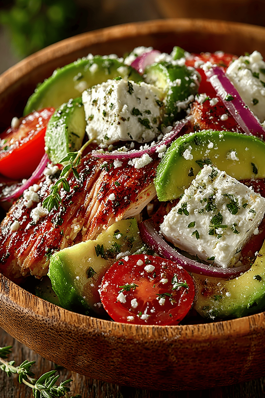 Loaded Greek Chicken Avocado Salad Recipe A Flavorful Chicken and Avocado Salad Combination final dish beautifully presented and ready to serve