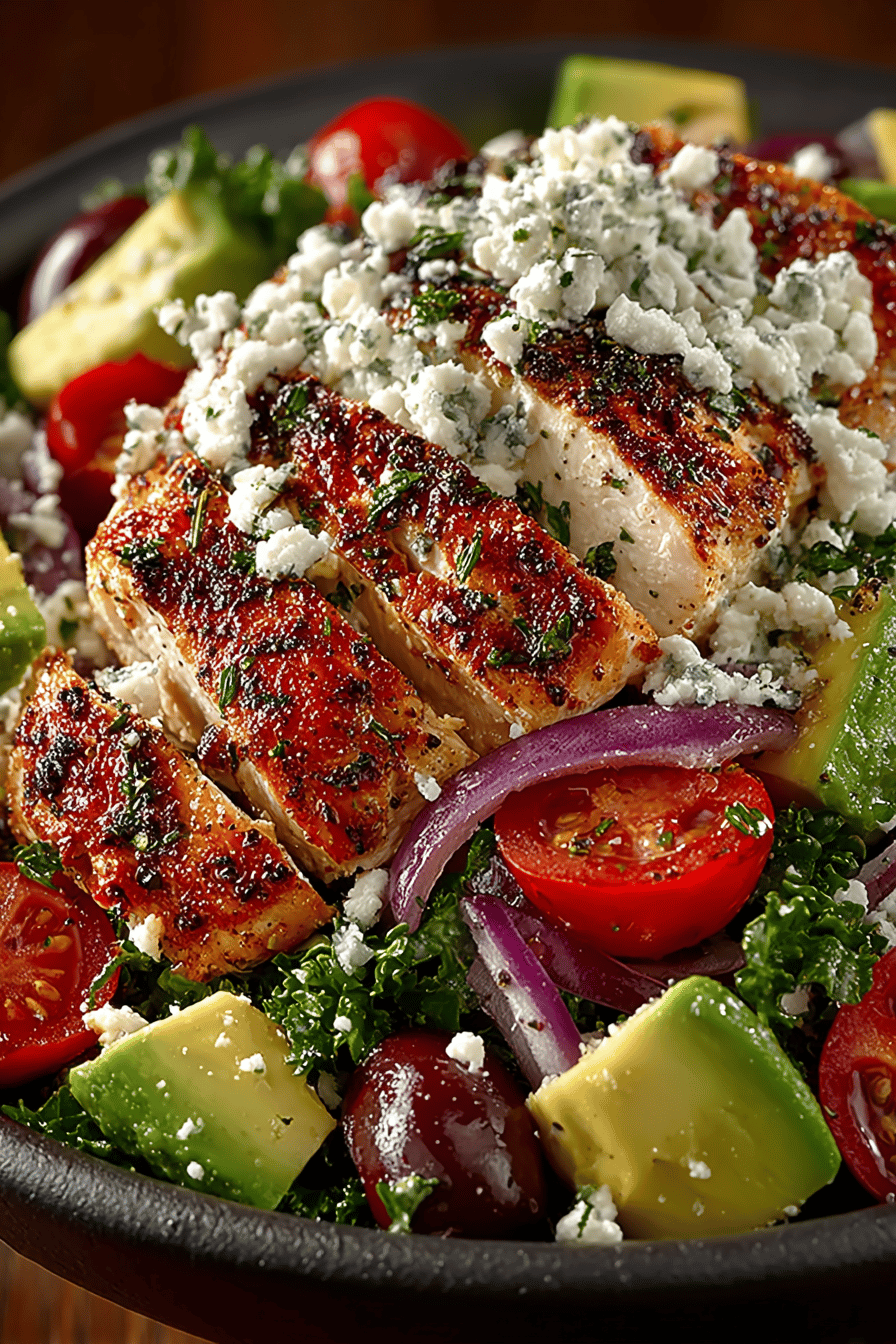 Loaded Greek Chicken Avocado Salad Recipe A Flavorful Chicken and Avocado Salad Combination slice on plate showing perfect texture and swirl pattern