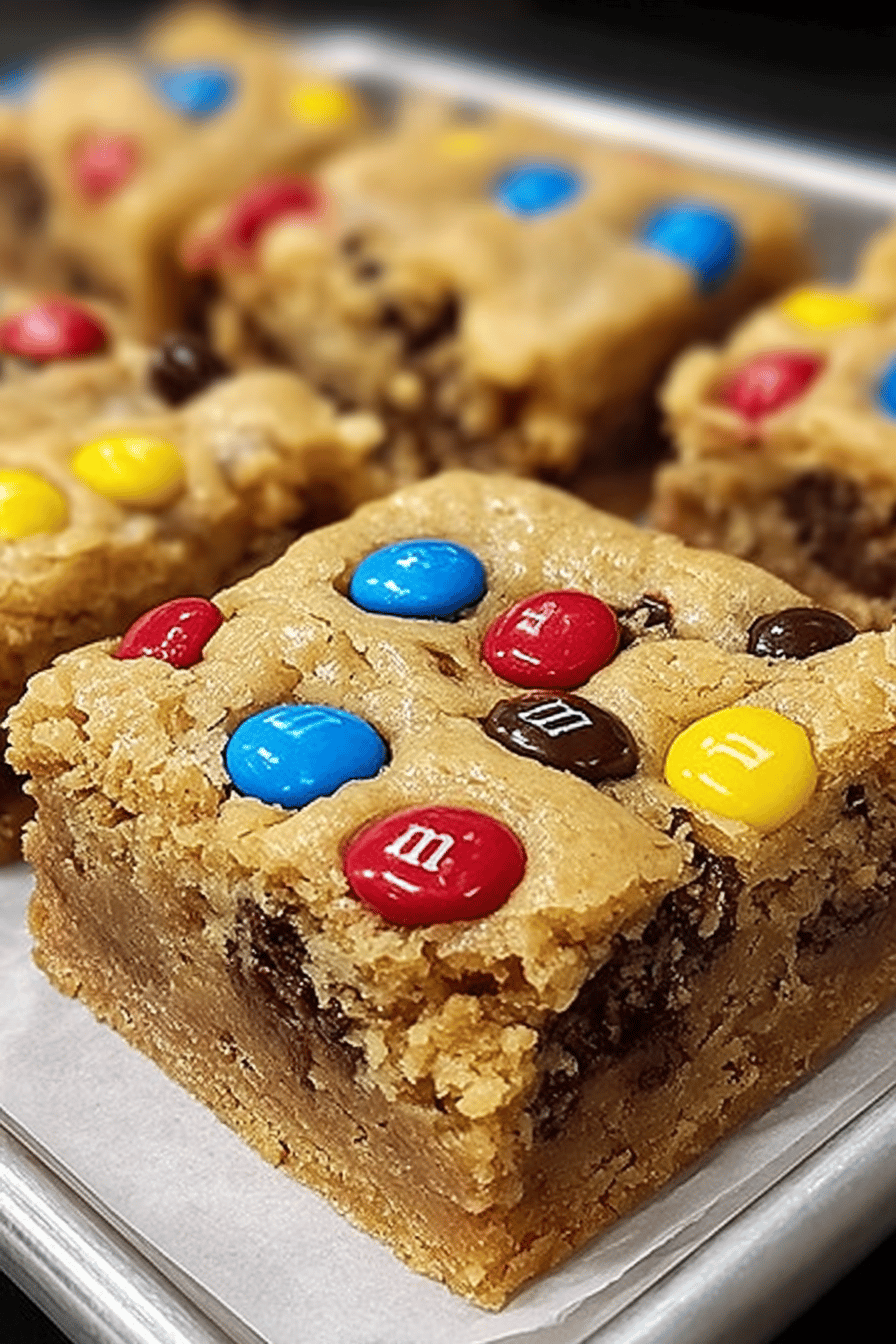 M&M Cookie Bars Recipe slice on plate showing perfect texture and swirl pattern