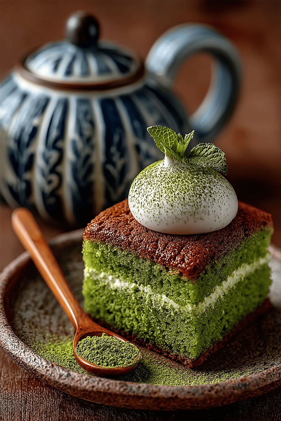 Matcha Cake Recipe A Vegan Delight slice on plate showing perfect texture and swirl pattern