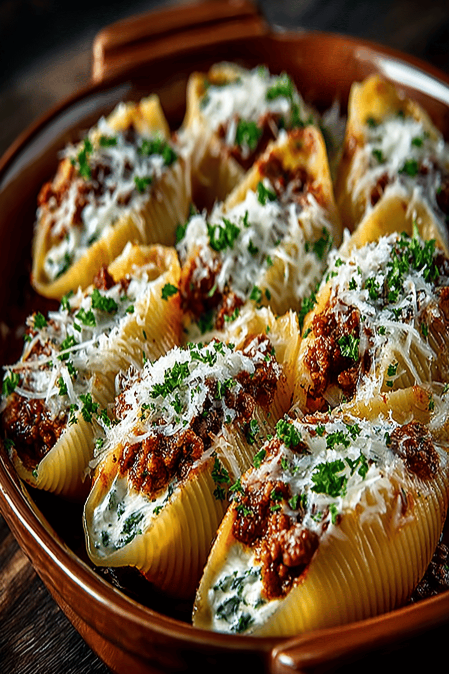 Meat Stuffed Pasta Shells Recipe slice on plate showing perfect texture and swirl pattern
