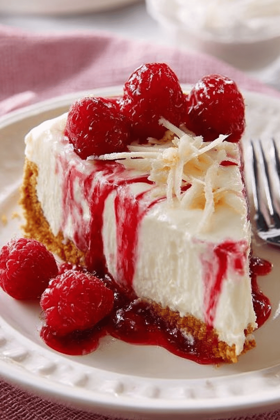 No-Bake White Chocolate Raspberry Cheesecake Recipe slice on plate showing perfect texture and swirl pattern