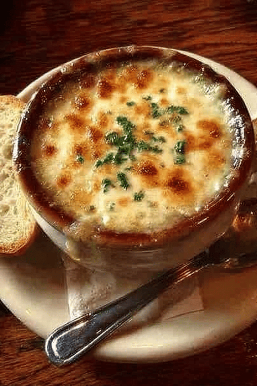 Outback Steakhouse-Inspired Walkabout Onion Soup Recipe slice on plate showing perfect texture and swirl pattern