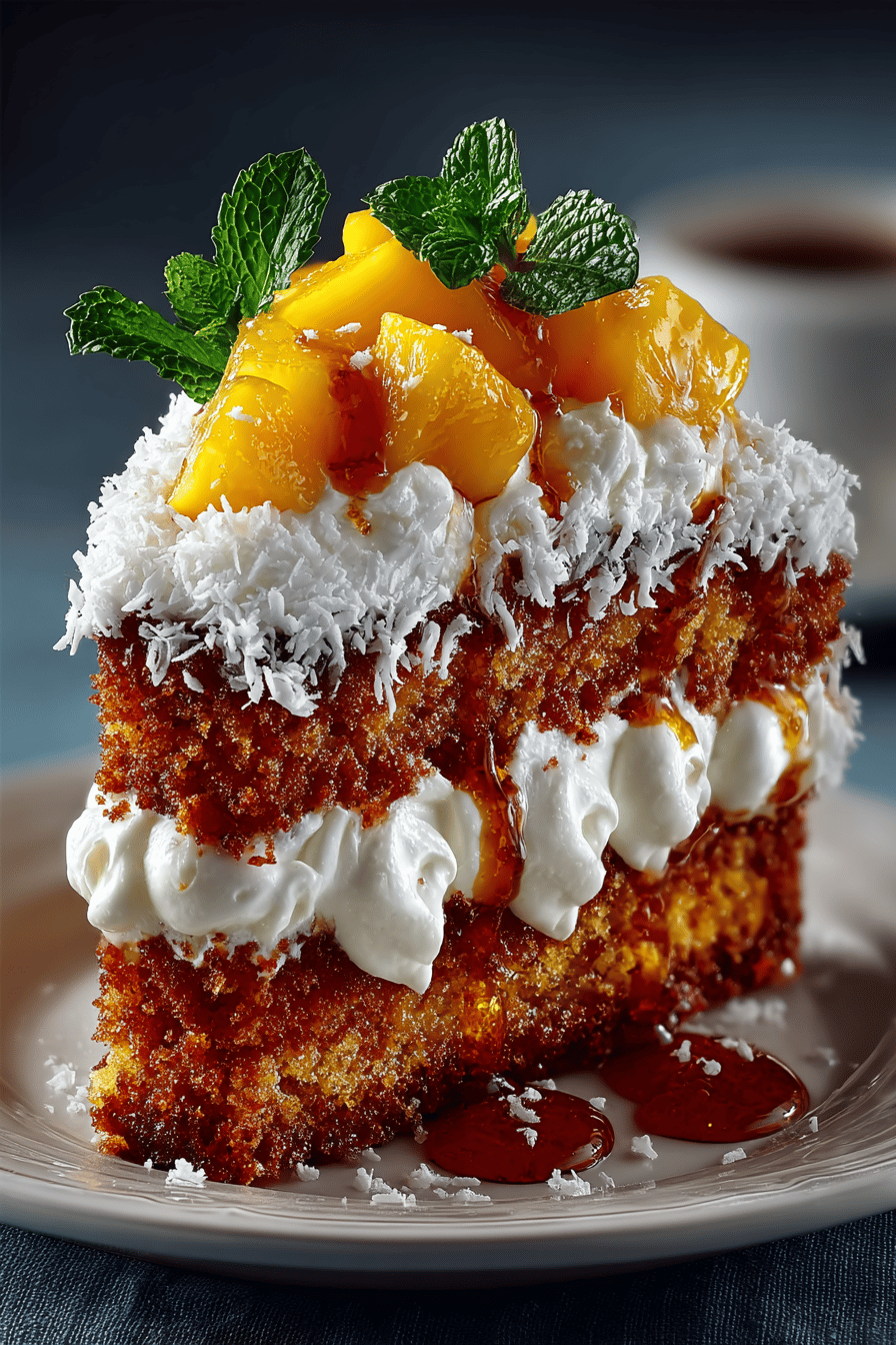 Peach Cake Recipe Enhanced with Coconut Frosting final dish beautifully presented and ready to serve