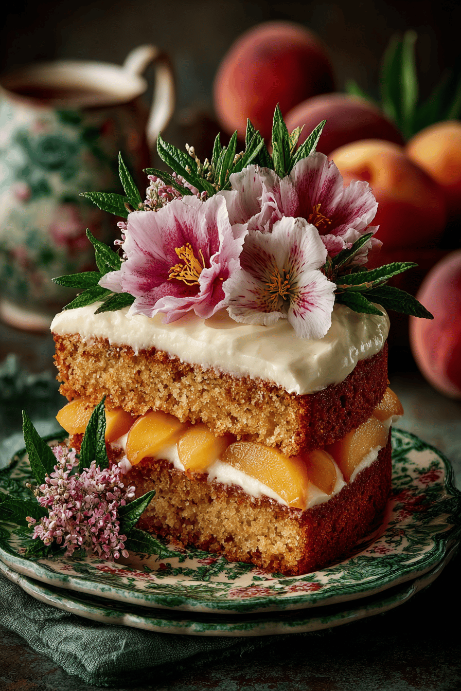Peach Cake Recipe Enhanced with Coconut Frosting slice on plate showing perfect texture and swirl pattern