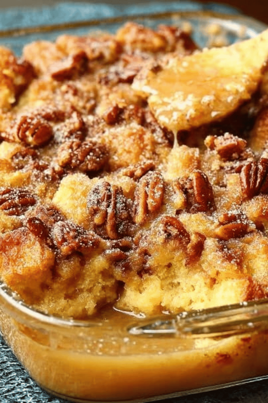 Pecan Pie Bread Pudding Recipe Without the Crust final dish beautifully presented and ready to serve