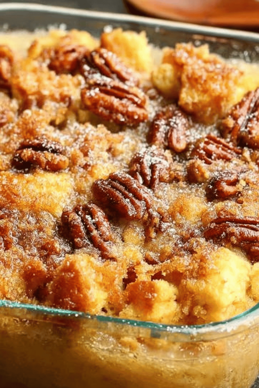 Pecan Pie Bread Pudding Recipe Without the Crust slice on plate showing perfect texture and swirl pattern