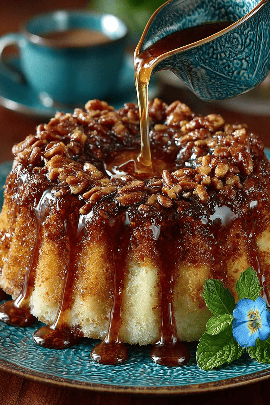 Pecan Upside-Down Bundt Cake Recipe slice on plate showing perfect texture and swirl pattern
