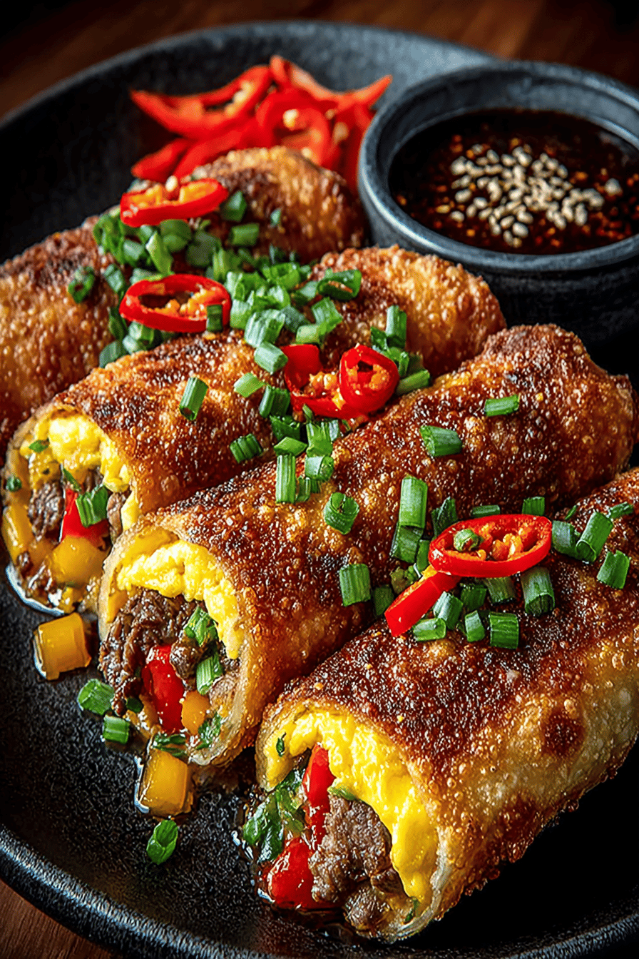 Philly Cheesesteak Egg Rolls Recipe Details ingredients organized and measured on kitchen counter