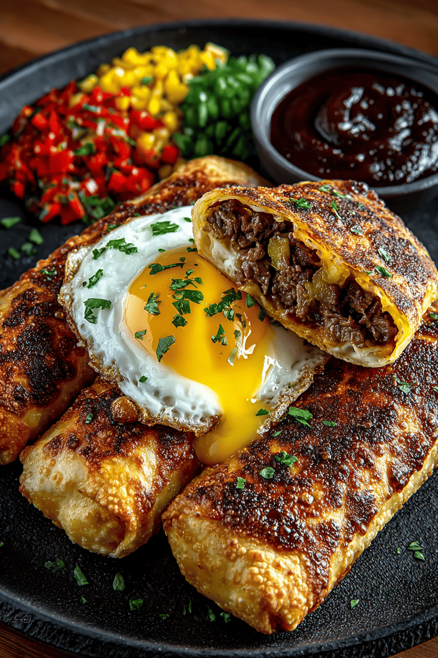 Philly Cheesesteak Egg Rolls Recipe Details slice on plate showing perfect texture and swirl pattern