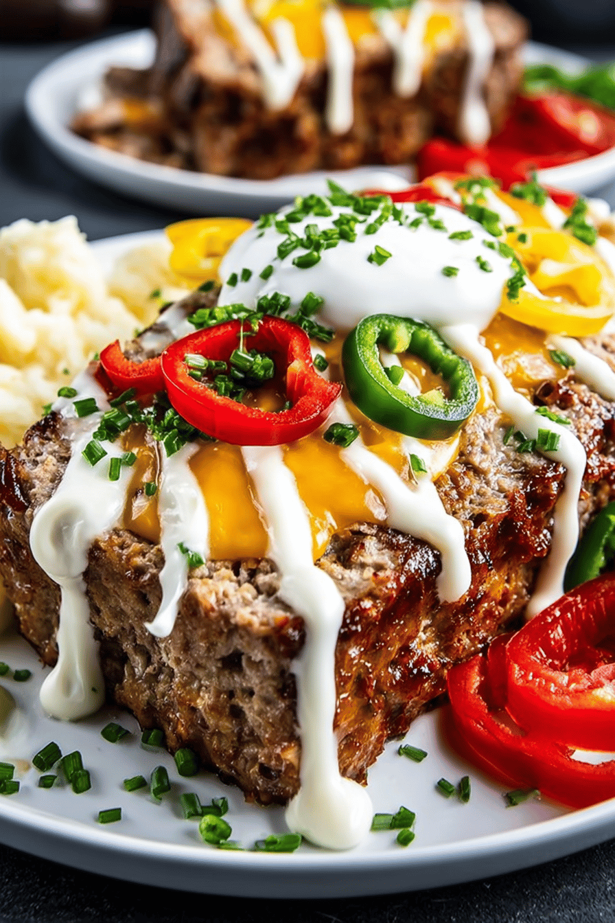 Philly Cheesesteak Meatloaf Recipe slice on plate showing perfect texture and swirl pattern