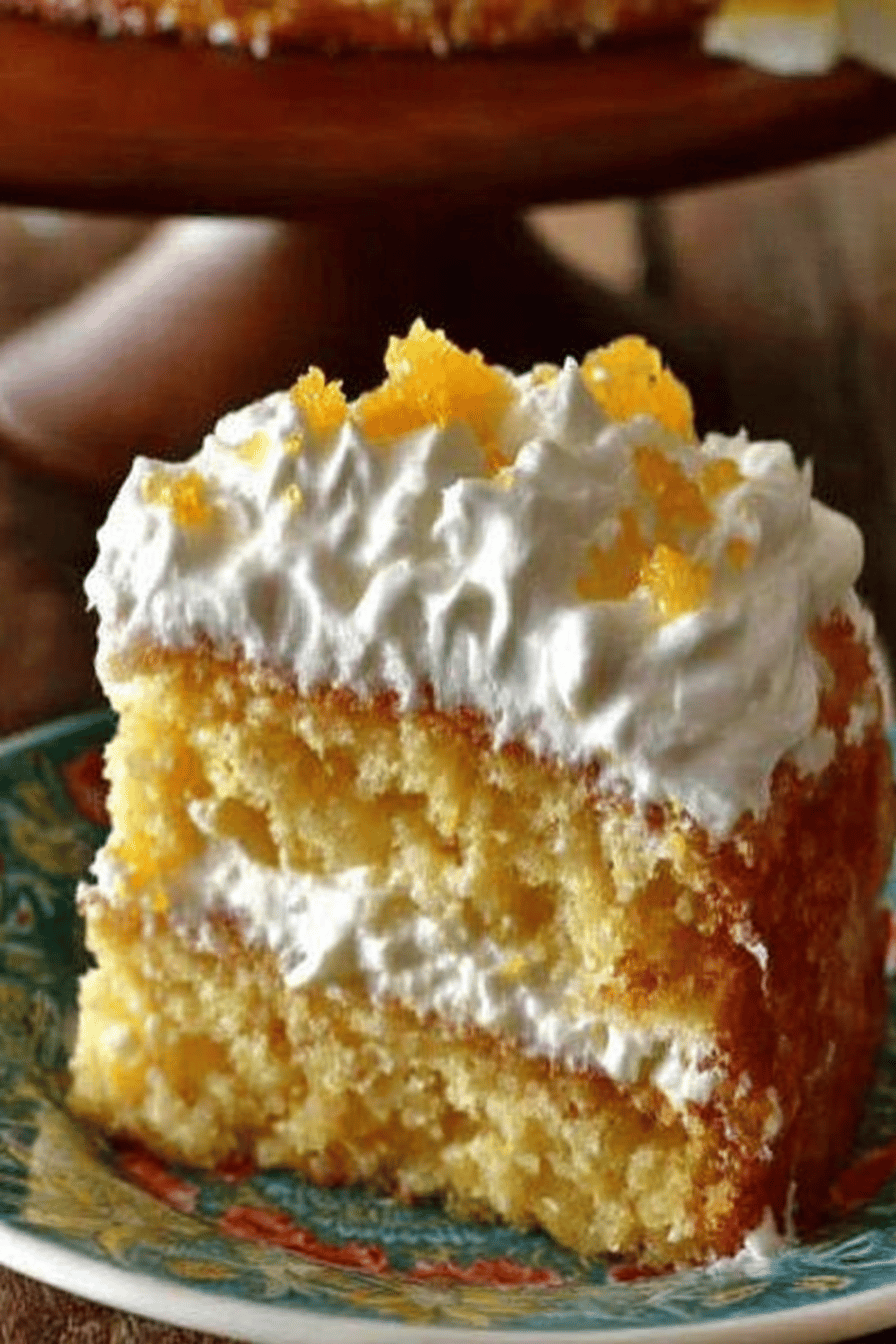 Pineapple Orange Sunshine Cake Recipe slice on plate showing perfect texture and swirl pattern